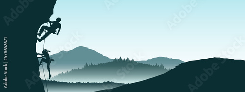 Climb climbers adventure hobby vector illustration for logo - Black silhouette of a climber woman and man on a cliff rock with blue misty fog mountains landscape in the morning as a background