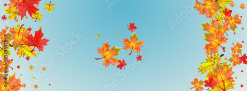 Orange Leaves Background Blue Vector. Plant Decor Illustration. Brown Wallpaper Leaf. Realistic Foliage Texture.