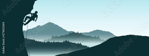 Climb adventure hobby vector illustration for logo - Black silhouette of a climber on a cliff rock with blue misty fog mountains landscape in the morning as a background