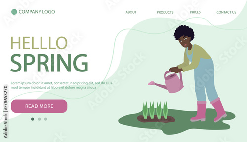 Woman digging up ground with shovel. Woman working in garden. Illustartion in flat cartoon style. Web page banner