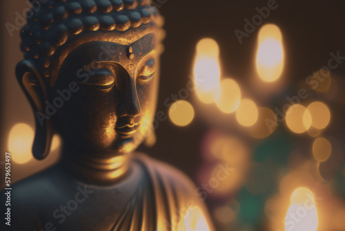 Close-up of golden Buddha statue with bokeh background © artefacti