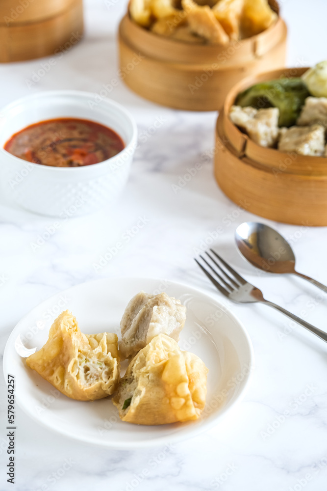 siomay, Indonesian traditional food, steamed fish dumpling with peanut sauce