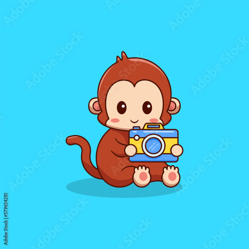 Monkey holding camera cute Icon, Logo, and illustration Vector