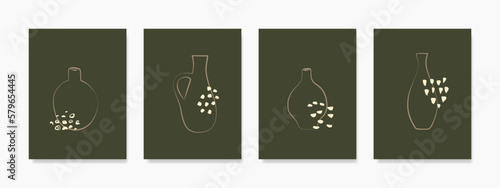 Enhance your walls with a minimalist boho vibe using this set of vase wall art on a dark green background. Perfect for prints, covers, wallpapers, and great natural wall decor collection.