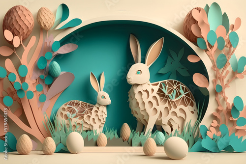 Easter decoration background with two Easter rabbits, eggs and flowers made in a paper cut art style. Generative AI.