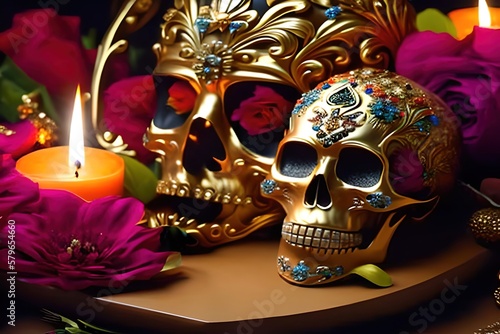 Gold mexican skull for day of the dead with flowers. Dia de los muertos. México. Ai generative
