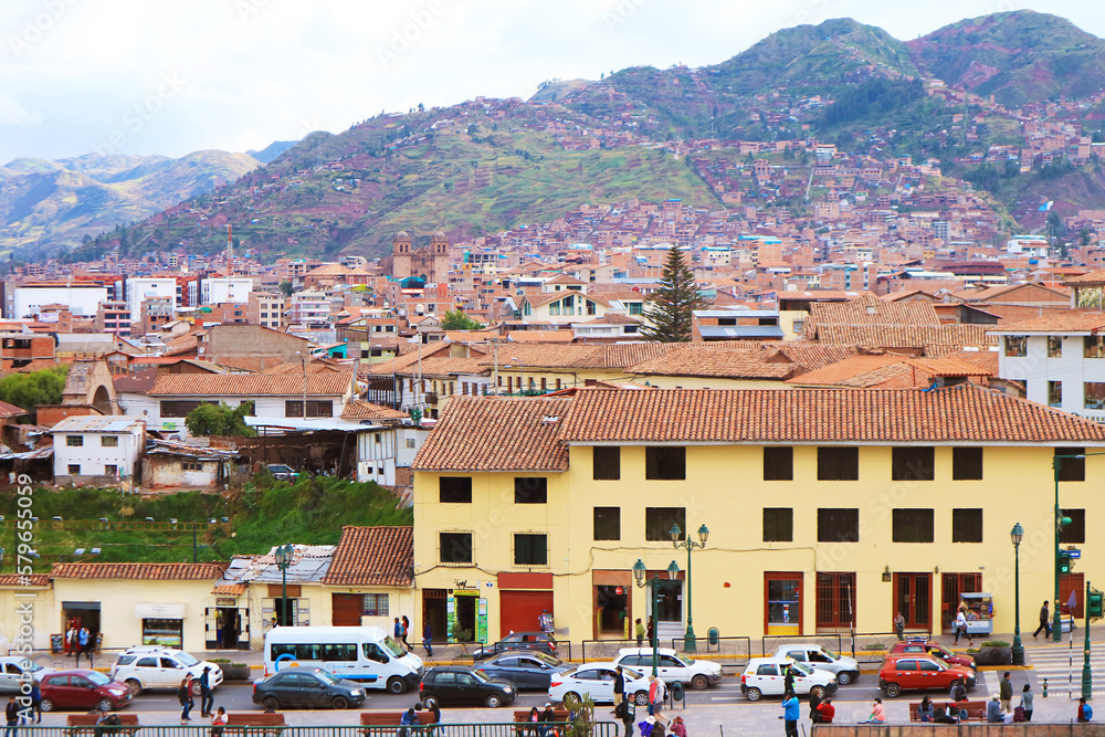 Stunning Cityscape of Cusco Old City View from the Coricancha, the Temple of the Sun of the Incas, Peru, South America