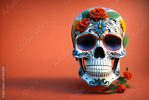 Mexican skull for day of the dead with flowers. Dia de los muertos. México. Ai generative