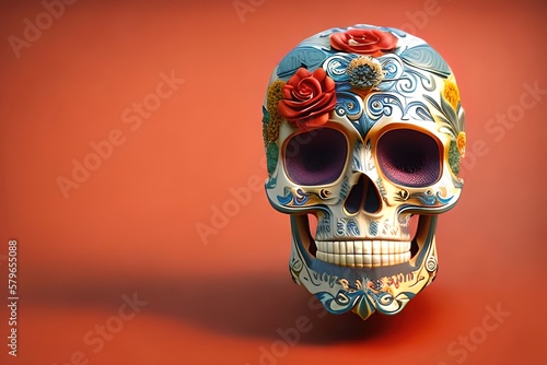 Mexican skull for  day of the dead with flowers. Dia de los muertos. México. Ai generative