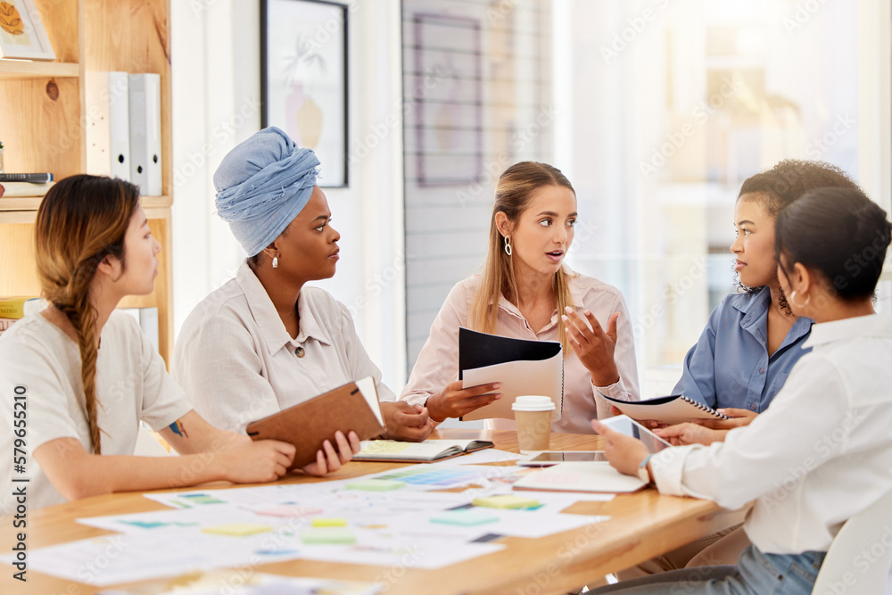 Female business, diversity or business meeting for teamwork, collaboration or target audience research. Creative woman planning brand innovation strategy on marketing kpi and crm data paper in office Female business, diversity or business meeting for teamwork, collaboration or target audience research. Creative woman planning brand innovation strategy on marketing kpi and crm data paper in office