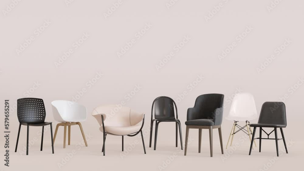 Animation with modern chairs and copy space for text, advertisement. Furniture store, interior details. Furnishings sale. Template with empty space. Minimalist design. 3d animation.