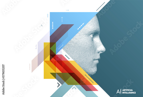 Machine learning. Futuristic artificial intelligence concept. Art composition with geometric shapes and forms. Cover design template for presentation, poster, cover, brochure, leaflet, billboard.