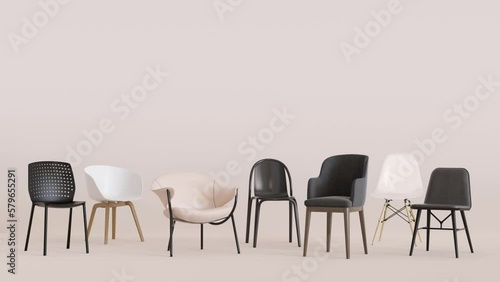 Animation with modern chairs and copy space for text, advertisement. Furniture store, interior details. Furnishings sale. Template with empty space. Minimalist design. 3d animation. photo