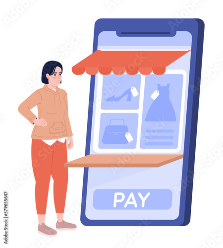 Woman shopping in online clothing store flat concept vector spot illustration. Editable 2D cartoon character on white for web design. Creative idea for website, mobile, magazine. Quicksand font used