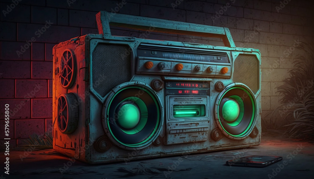 Fototapeta premium Blast from the Past: 80s Ghetto Blaster in Neon Colors
