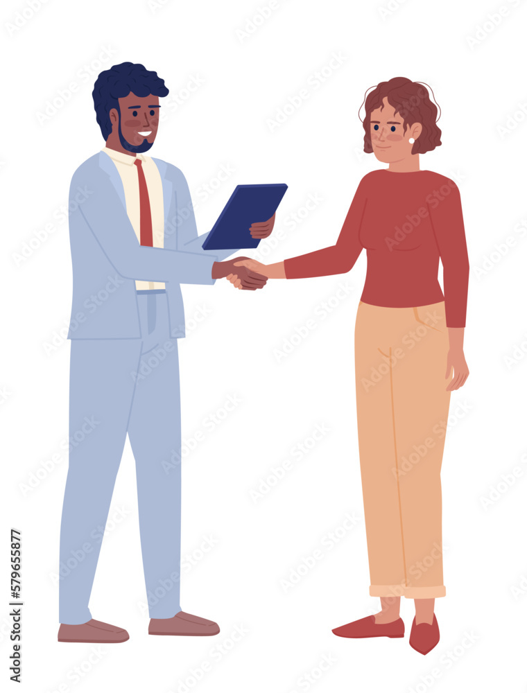 Fototapeta premium Salesman maintaining relationships with client semi flat color vector characters. Editable figures. Full body people on white. Simple cartoon style spot illustration for web graphic design, animation