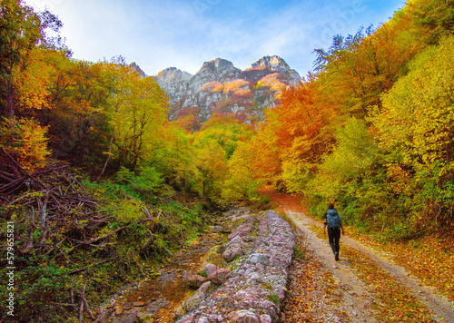 Gola dell'Infernaccio (Italy) - Gole dell'Infernaccio canyon and Eremo di San Leonardo sanctuary, in the Monti Sibillini National Park, Marche region, here with autumn foliage photo