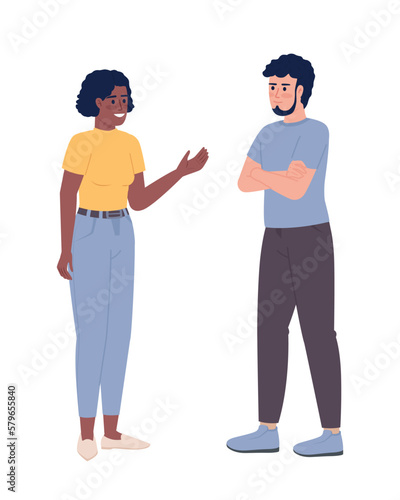 Friendly woman talking to crossed arms man semi flat color vector characters. Editable figures. Full body people on white. Simple cartoon style spot illustration for web graphic design and animation