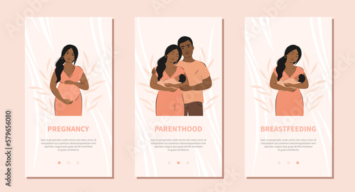 Set of pregnancy, breastfeeding and motherhood concept illustrations for banner, website or mobile app. Woman feeding baby, parents with child. Vector illustration.