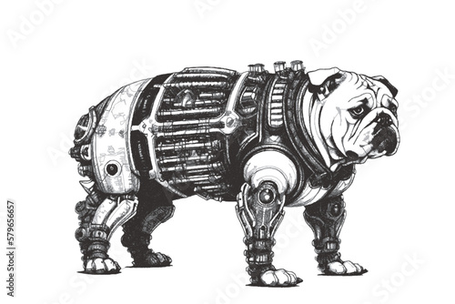 Biomechanical Bulldog cyborg. Doodle sketch. Vector illustration.