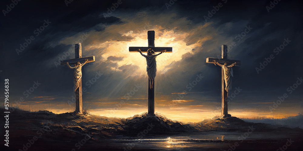 Three crosses on Calvary oil painting symbolic of the crucifixion of Jesus Christ. Conceptual Christian art Three crosses on Calvary oil painting symbolic of the crucifixion of Jesus Christ. Conceptual Christian art