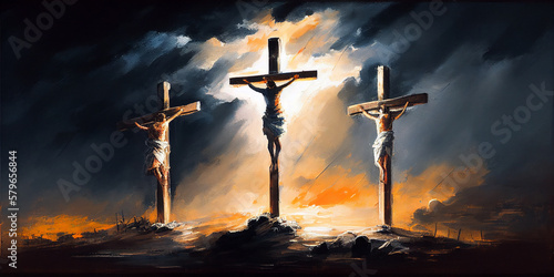 Print op canvas Three crosses on Calvary oil painting symbolic of the crucifixion of Jesus Chris