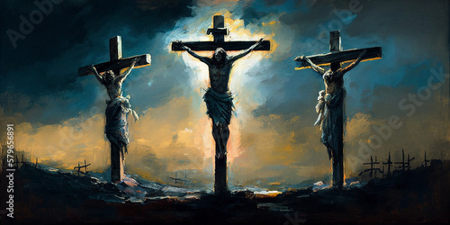 Fototapeta Three crosses on Calvary oil painting symbolic of the crucifixion of Jesus Chris