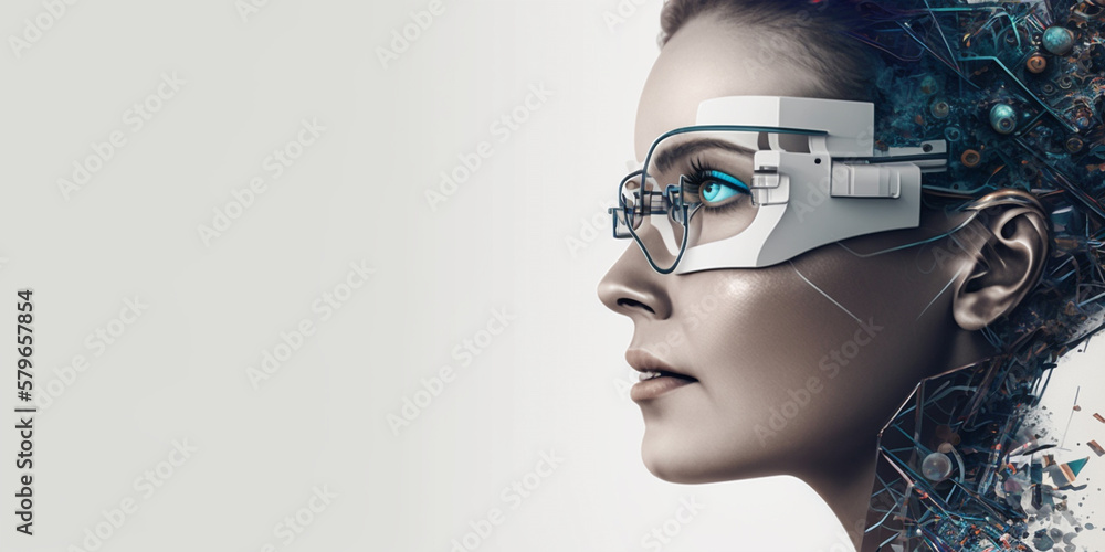 Profile portrait of robot bot ai with connected glasses white background. Synthetic humanoid robot, artificial intelligence.Portrait of gynoid,futuristic cyborg. Banner with space for text, copy space - obrazy, fototapety, plakaty 