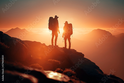 generative ai illustration of Hiker standing at the summit of a difficult mountain climb with a beautiful view of the sunrise
