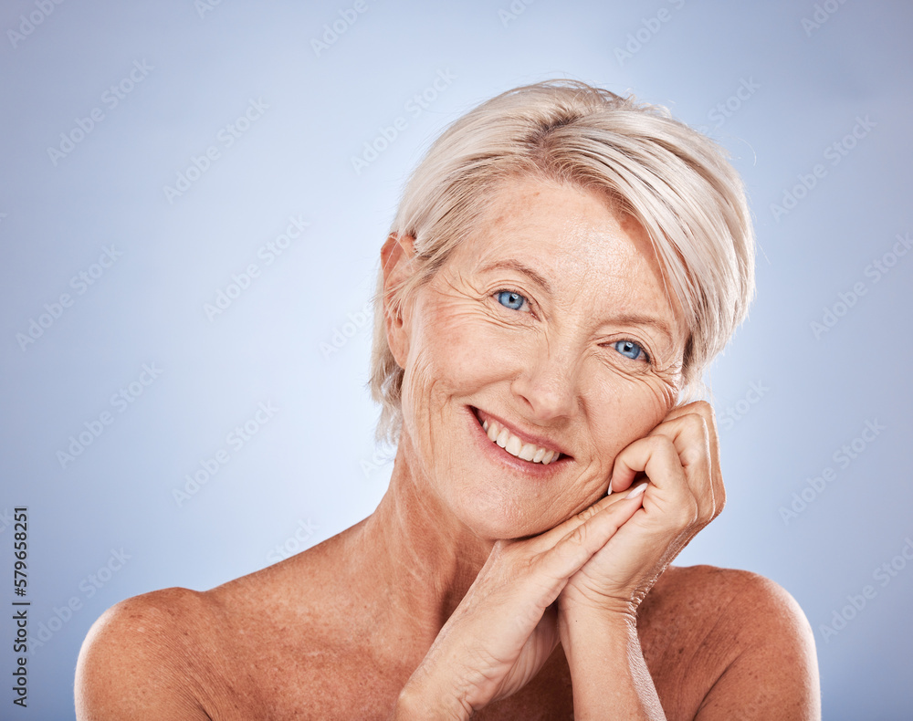 Face portrait, makeup and senior woman in studio isolated on blue background. Skincare, beauty cosmetics or elderly female model from Australia happy for glowing and healthy skin after facial botox Face portrait, makeup and senior woman in studio isolated on blue background. Skincare, beauty cosmetics or elderly female model from Australia happy for glowing and healthy skin after facial botox