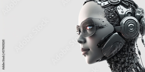 Profile portrait of robot bot ai with connected glasses white background. Synthetic humanoid robot, artificial intelligence.Portrait of gynoid,futuristic cyborg. Banner with space for text, copy space