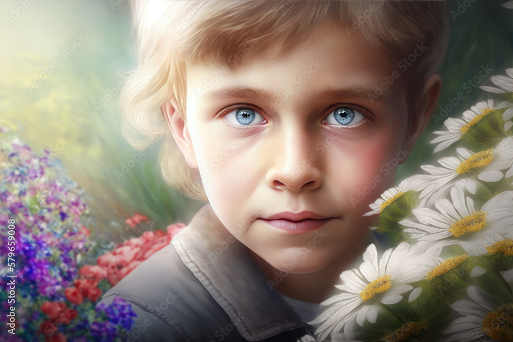 Happy boy and flowers. Child and wildflowers. Kid in blooming garden on a floral glade or bloom meadow. Beauty greeting card for mother's day, father's day, birthday. Generative ai model Happy boy and flowers. Child and wildflowers. Kid in blooming garden on a floral glade or bloom meadow. Beauty greeting card for mother's day, father's day, birthday. Generative ai model
