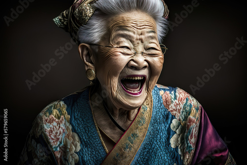 beautiful happy smiling asian old lady, generative ai