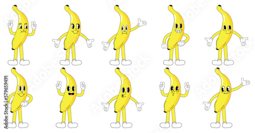 A set of banana cartoon groovy stickers with funny comic characters, gloved hands. Modern illustration with legs and arms.