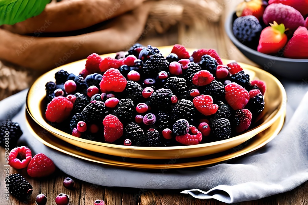 Delicious golden plate of fruits of the forest with strawberries, blueberries and raspberries. Ai generative Delicious golden plate of fruits of the forest with strawberries, blueberries and raspberries. Ai generative