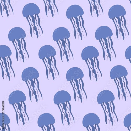 Blue medusa. Eared Aurelia. Seamless vector pattern. Endless ornament of marine invertebrates with tentacles. Flat style. Isolated purple background. Ocean dweller. Idea for web design.