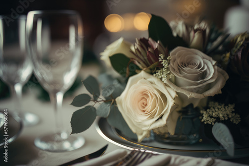 wedding table setting white rose - generative AI