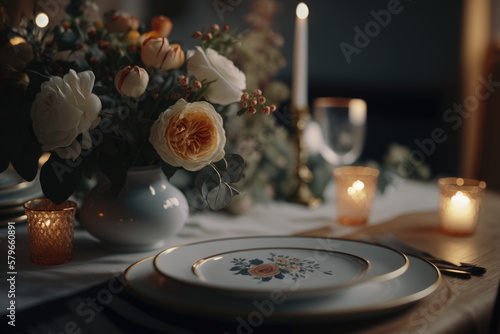 wedding plate and flowers - generative AI