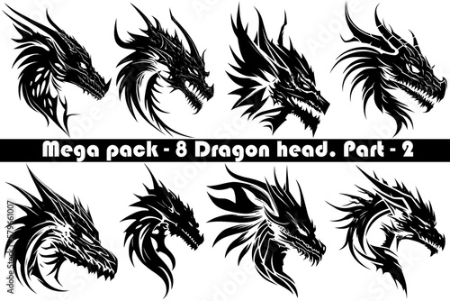 Mega-set pack of 8 vector black Dragon head Silhouette Icon, Set Isolated. Dragon head for Logo. White background