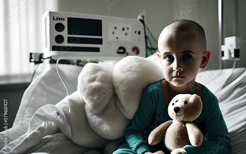 Beautiful lonely sad girl hugging a soft teddy bear. Close up. Sick hairless boy in hospital fighting for his life. Hero. Generative AI