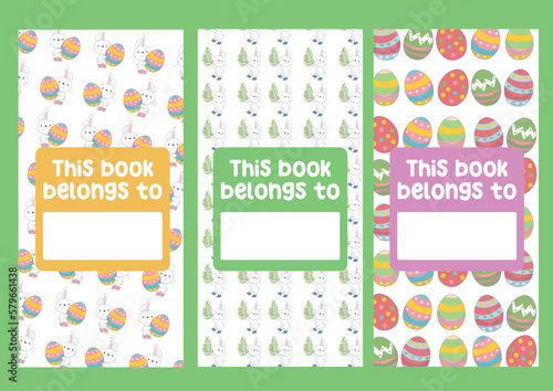 Vector set of bookmarks for children with cute Easter bunny theme. Cute characters on pastel color background. Vertical layout card template. Printable template for kids. Stationery for kids. 