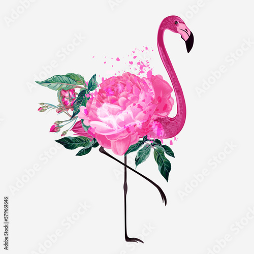 Fashion illustration with pink flamingo and roses, apparel print