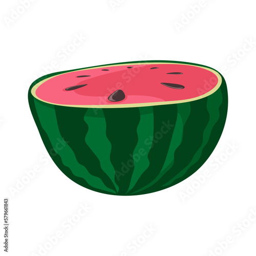 Half of watermelon. Green striped berry with red pulp and brown seeds. Summer fruit and berries.Vector illustration