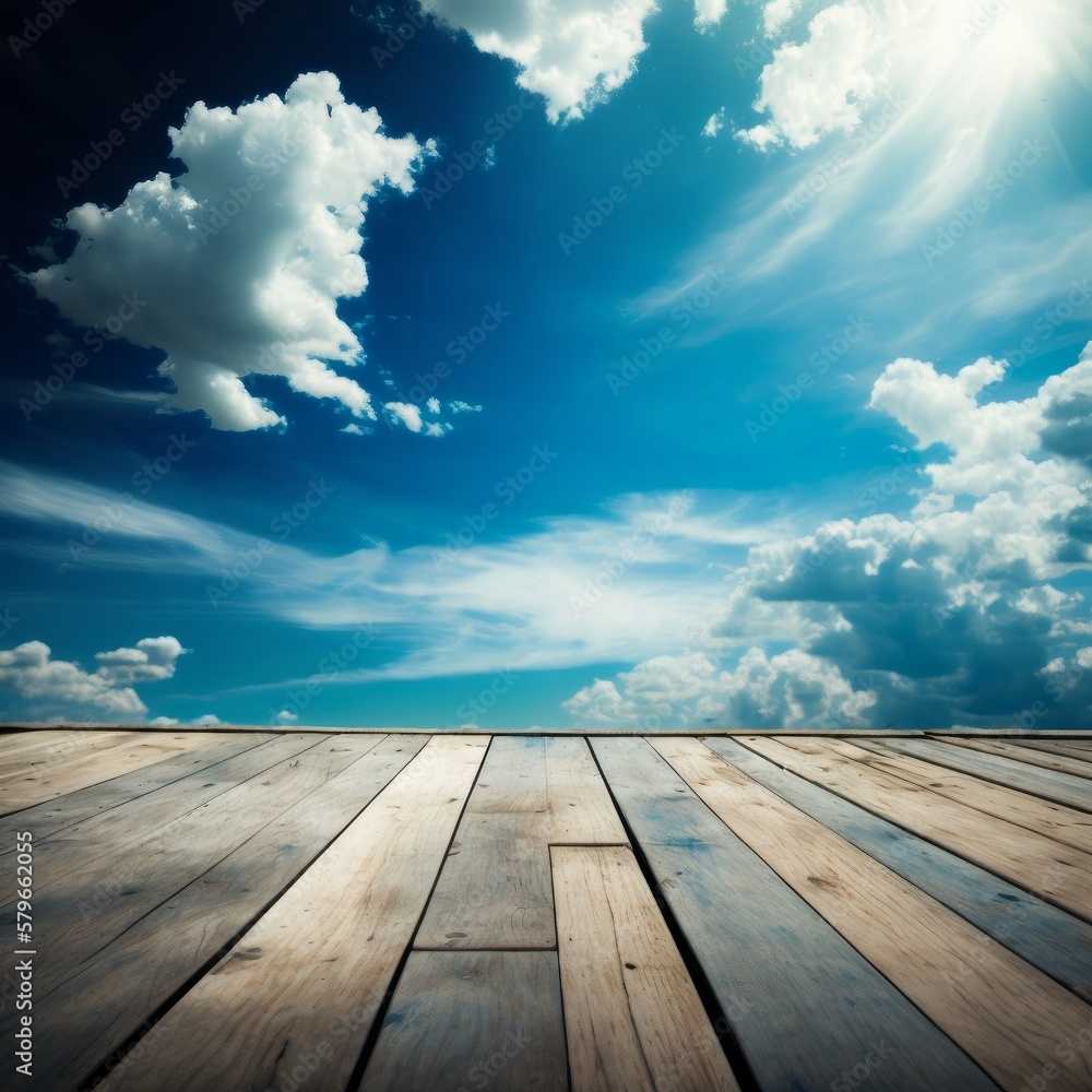 Old wood floor perspective under bright blue sky. Generative AI