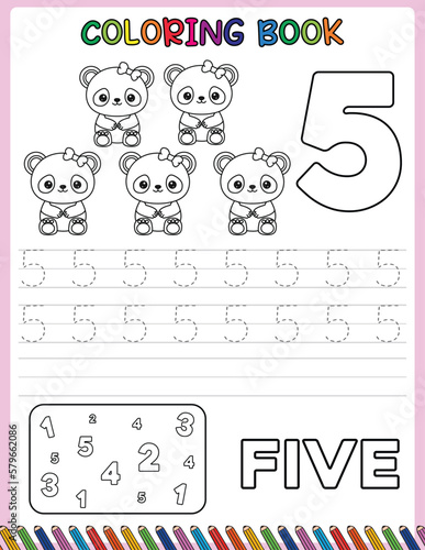 Animals cartoon. Number trace worksheet for kids and coloring book. Black and white. Activity Book. 