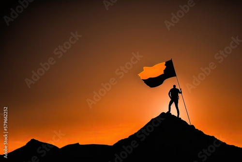 Silhouette of a businessman stands triumphantly on a mountain top, holding a flag against the backdrop of a bright sky and sun, powerful and inspiring image created with generative ai technology © Moon Story