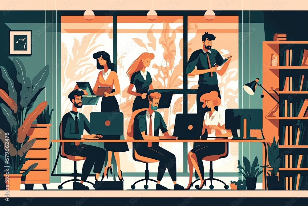 Group of businessman and businesswoman in an office, a comic book style created with generative ai technology.