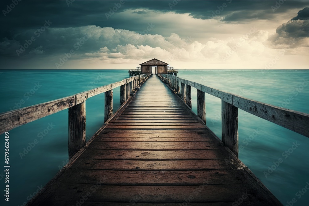 Sky and water connected by a wooden bridge Generative AI