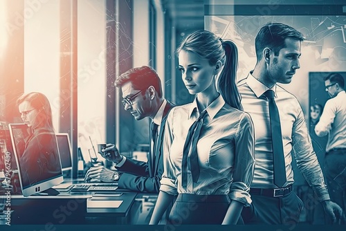 Group of businessman and businesswoman in an office, a comic book style created with generative ai technology.