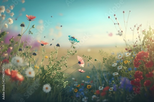 Beautiful  sunny spring summer meadow. Natural colorful panoramic landscape with many wild flowers and blue sky. Generative AI.